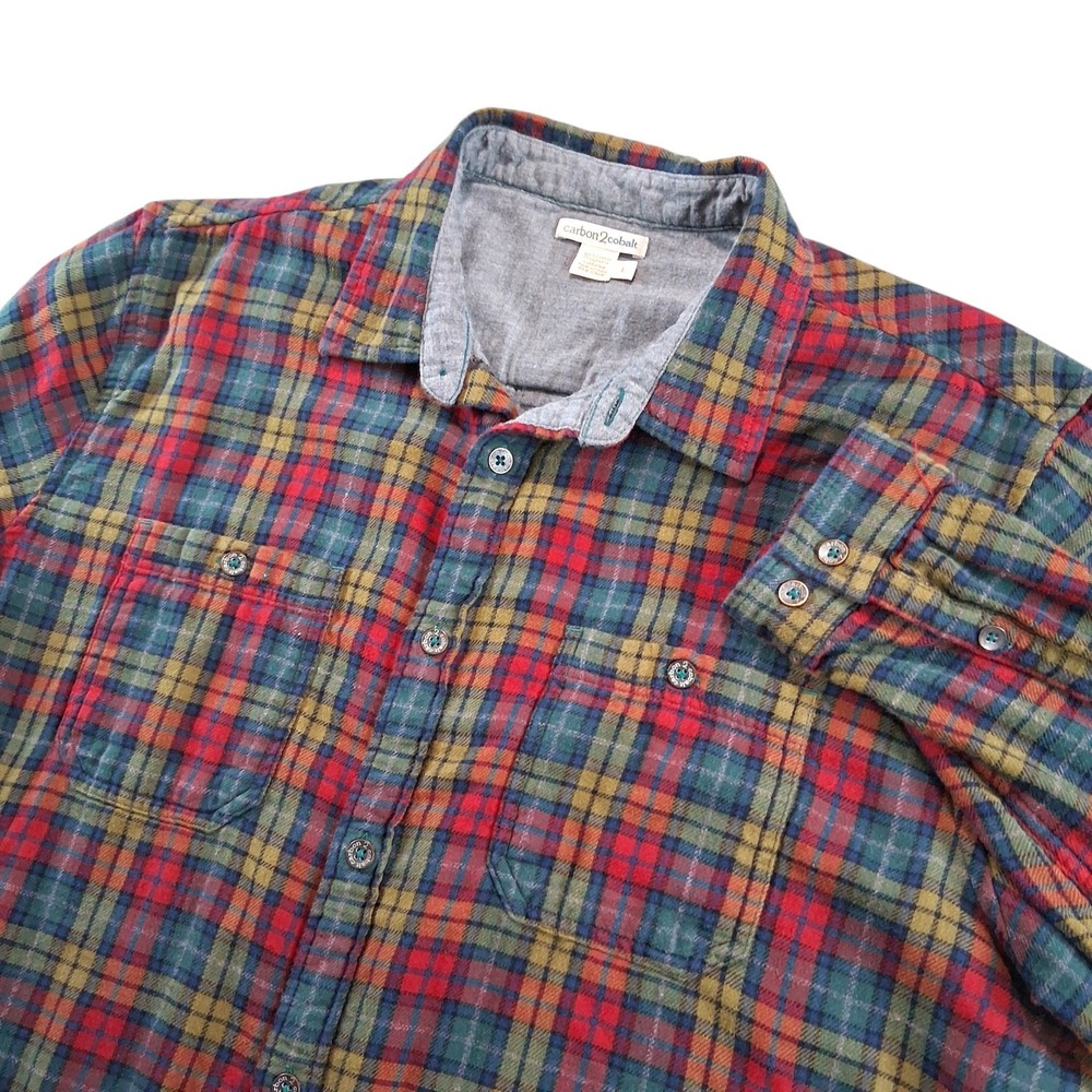 Carbon2Cobalt Plaid Button Down Mens Large Red Plaid Double Layer Flannel